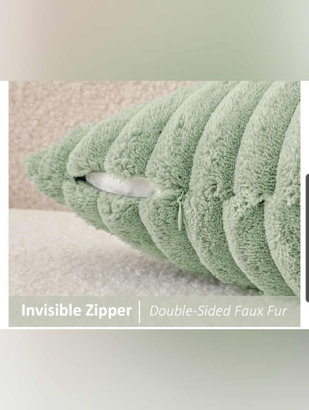 Sage Green Ribbed Plush Lumbar Pillow Cover- Size 14x36 - Picture 3 of 3